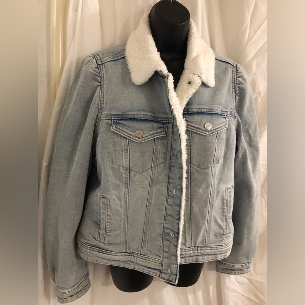 Nanette Lepore white sherpa lined pleated‎ shoulder denim jacket size large new - Picture 11 of 14